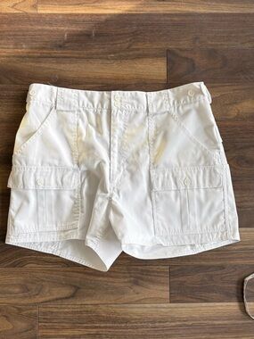 Vintage “Give ‘Em Hell” Tilley Men's White Cargo Shorts with Utility Pockets